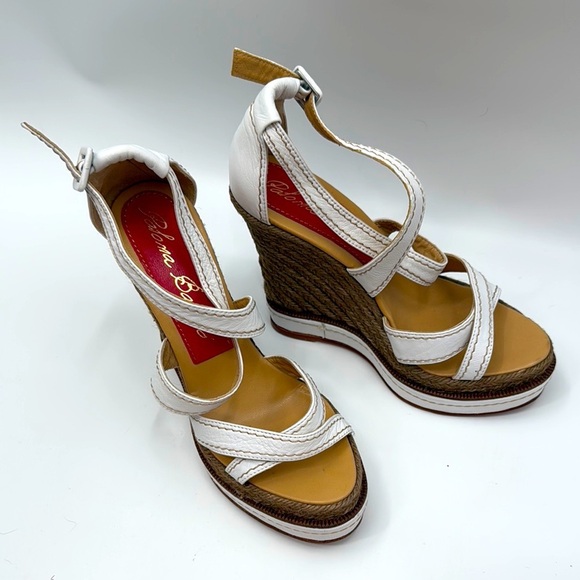 PALOMA BARCELO Womens White Padded Woven Ankle Strap Almond Toe Flare Buckle Leather Heeled